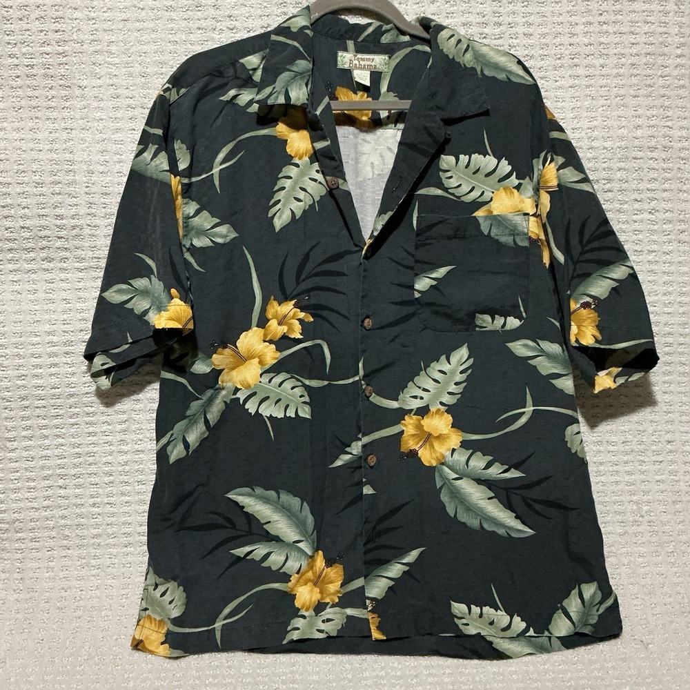 Tommy‎ Bahama Men Hawaiian Shirt 100% Silk Short Sleeve Button-Up Black L